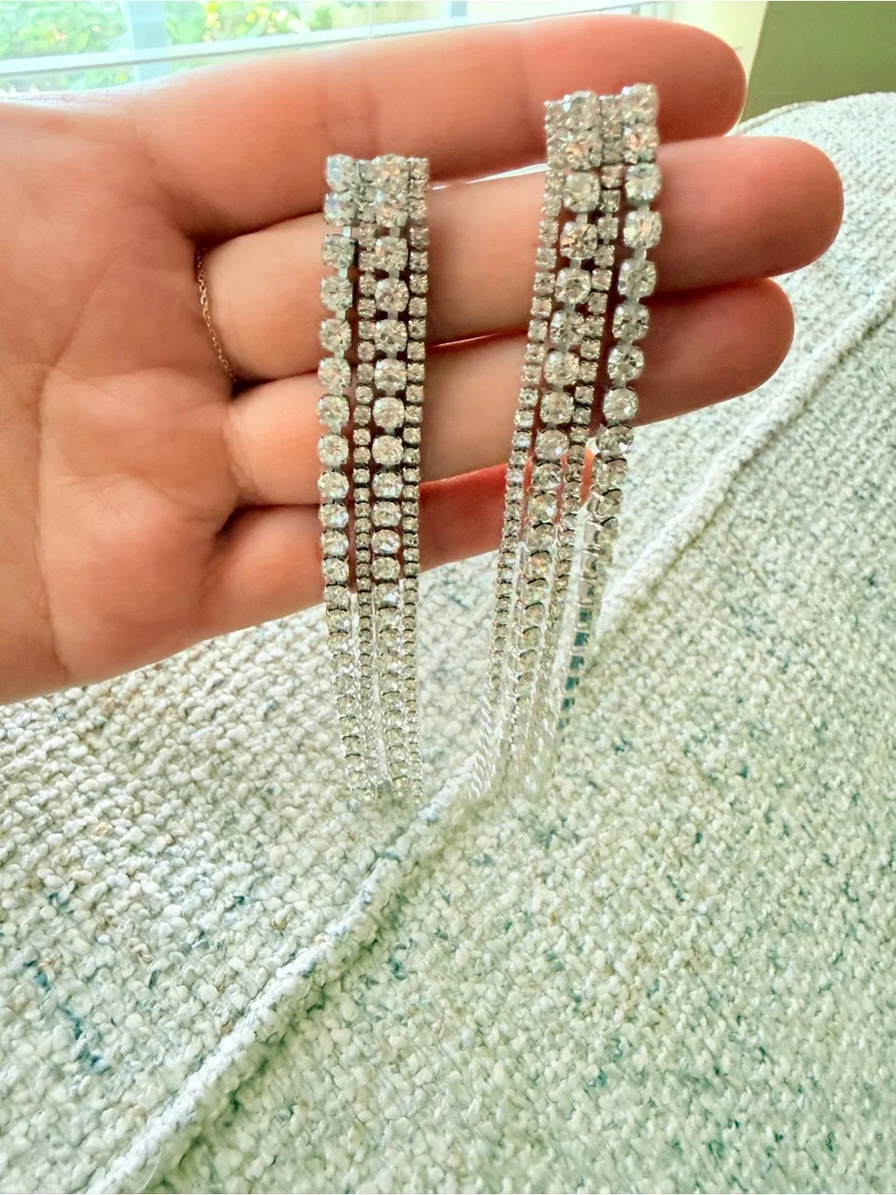 Silver Rhinestone Tassel Drop Earrings - Women Jewelry